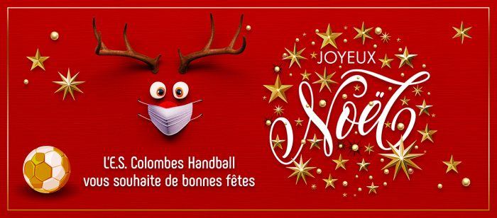 Reindeer toy with cold red nose and medical mask on red Christma